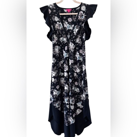 Betset Johnson Midi/Maxi Dress Floral Ruffle Sleeve Asymmetrical V-neck  Sz XS - Picture 1 of 11